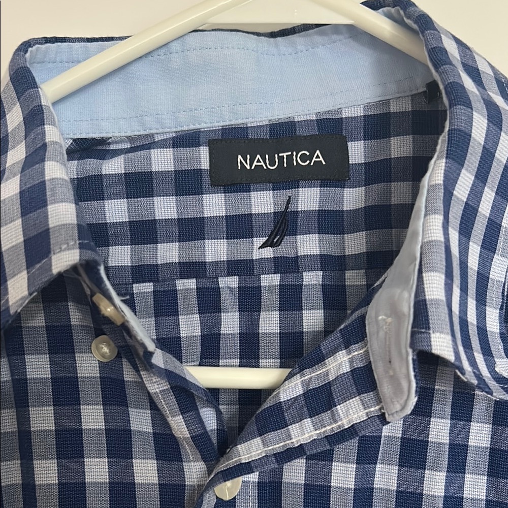 Nautica Navy Checkered Gingham Plaid Boys Button Down Shirt Short Sleeve - Picture 3 of 8